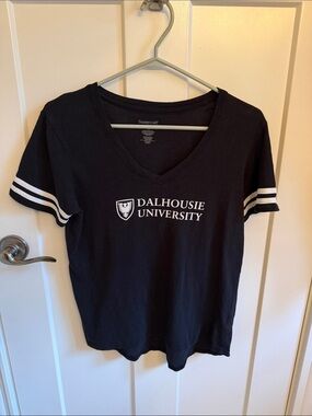 Black V-Neck Dalhousie University Tee with White Logo, size M